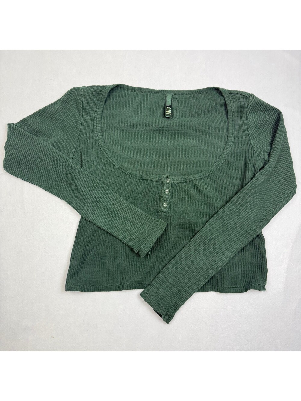 SKIMS Waffle Knit Henley Top Women's XL Olive Green Long Sleeve Scoop Neck